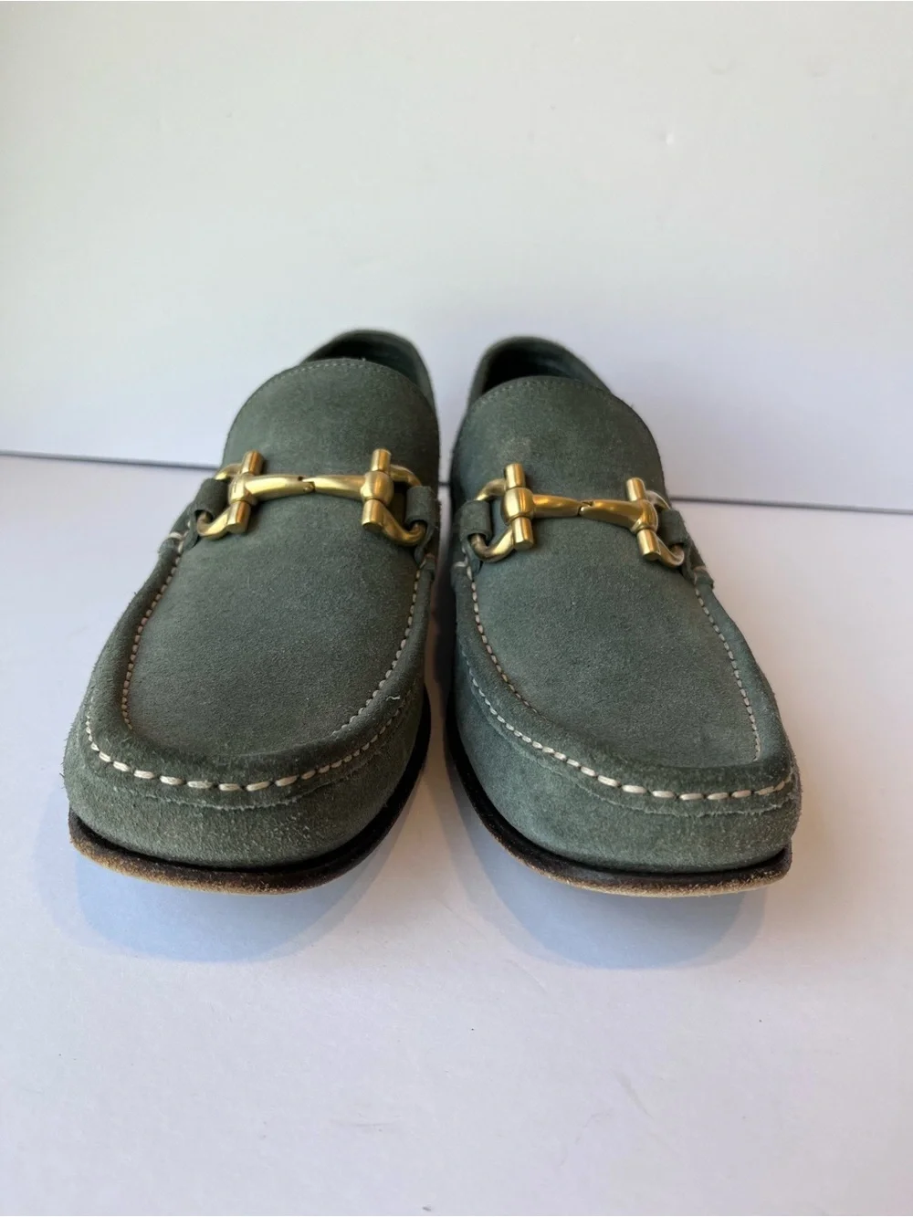 Salvatore Ferragamo Gancini Buckle Green Suede Loafers